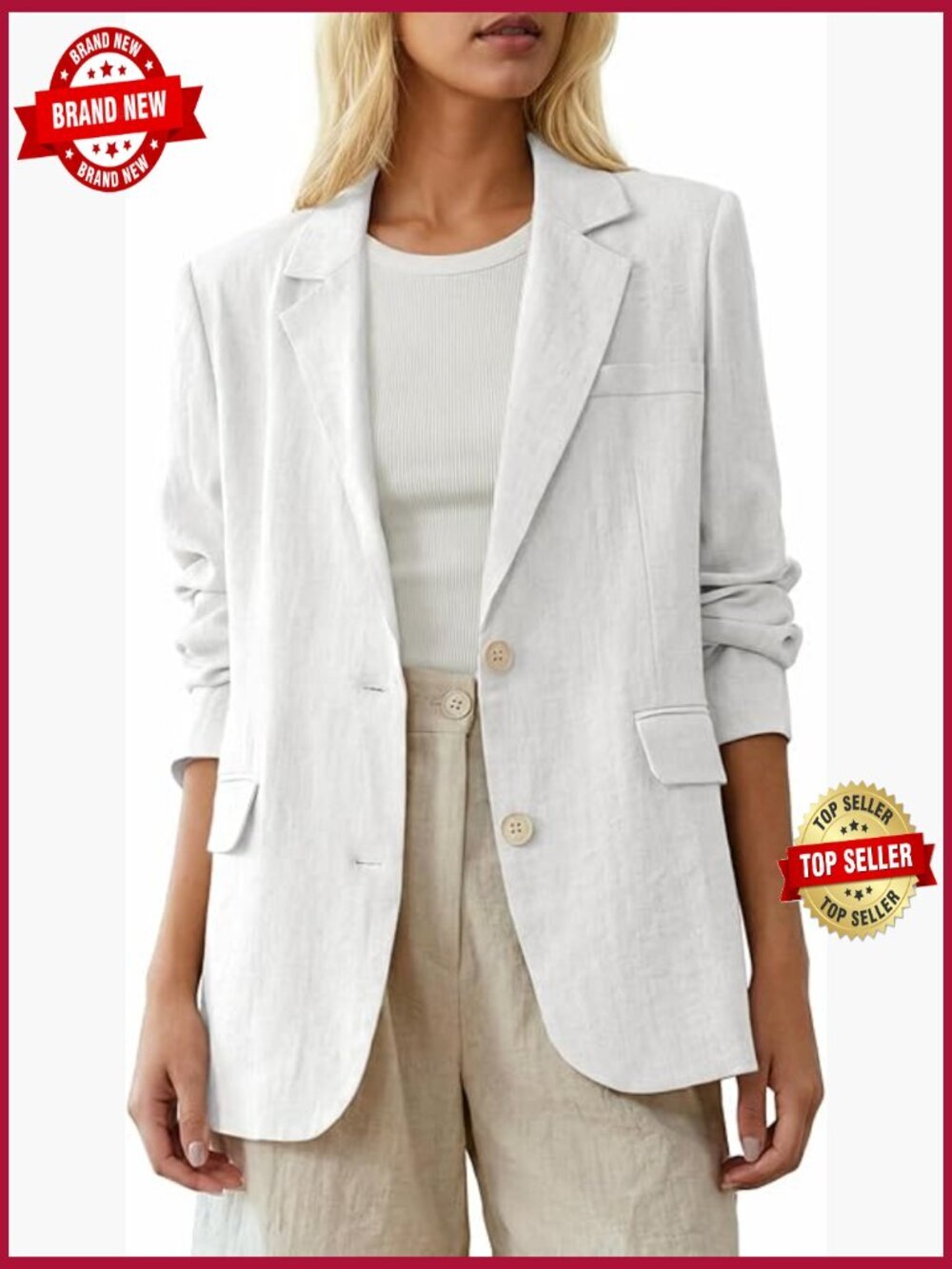 Linen-Blend Blazer - Long Open-Front Lightweight Casual Work Suit